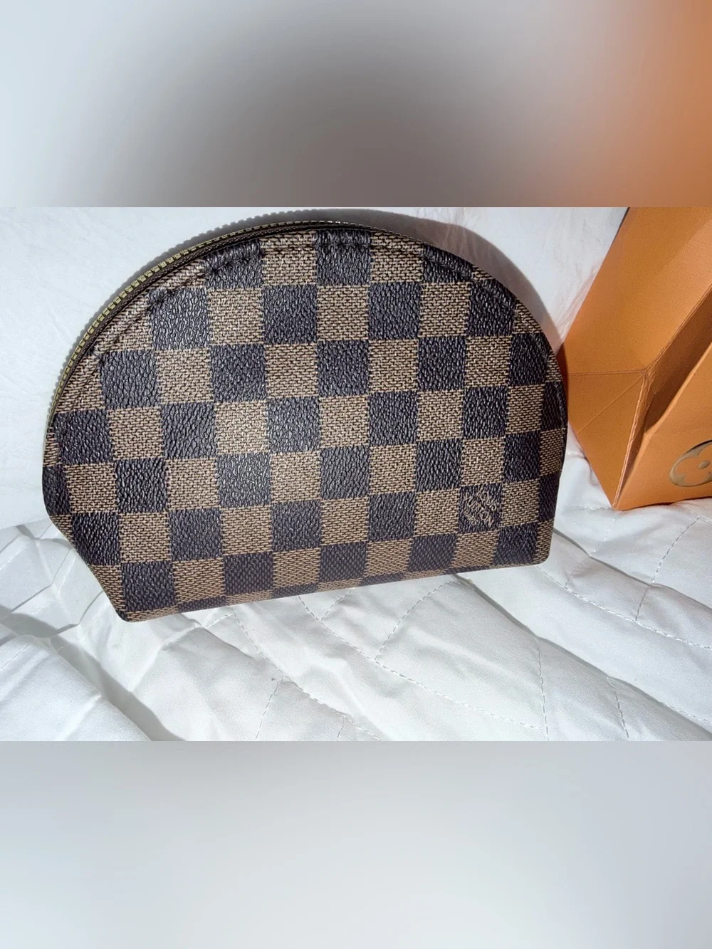 Designer-Inspired Brown Check Cosmetic Pouch with Gold Zipper